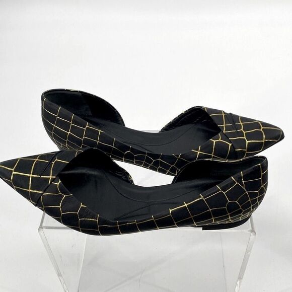 Alexander‎ McQueen Metallic Embossed Ballerina Flats Croc Leather Black Gold 40 - Picture 1 of 15
